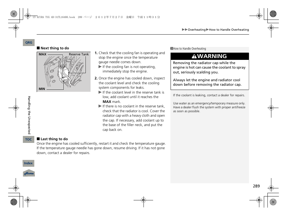 Warning | Acura 2013 TSX User Manual | Page 290 / 325