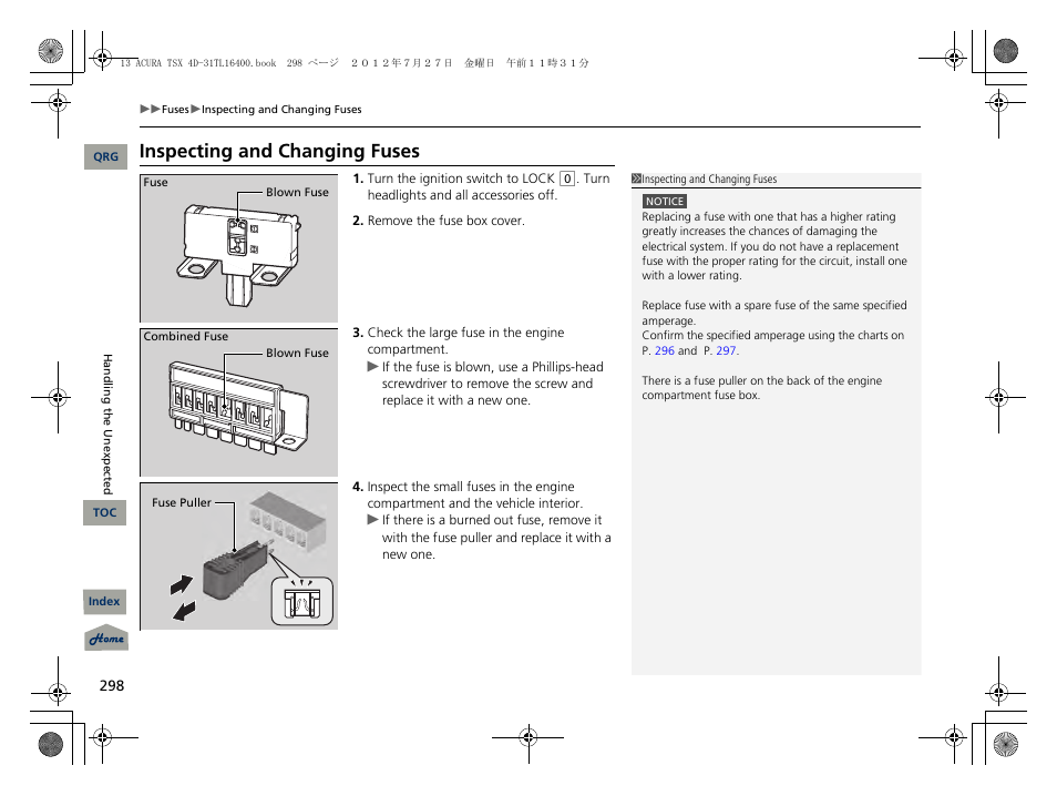 Inspecting and changing fuses, 2 inspecting and changing fuses p. 298 | Acura 2013 TSX User Manual | Page 299 / 325