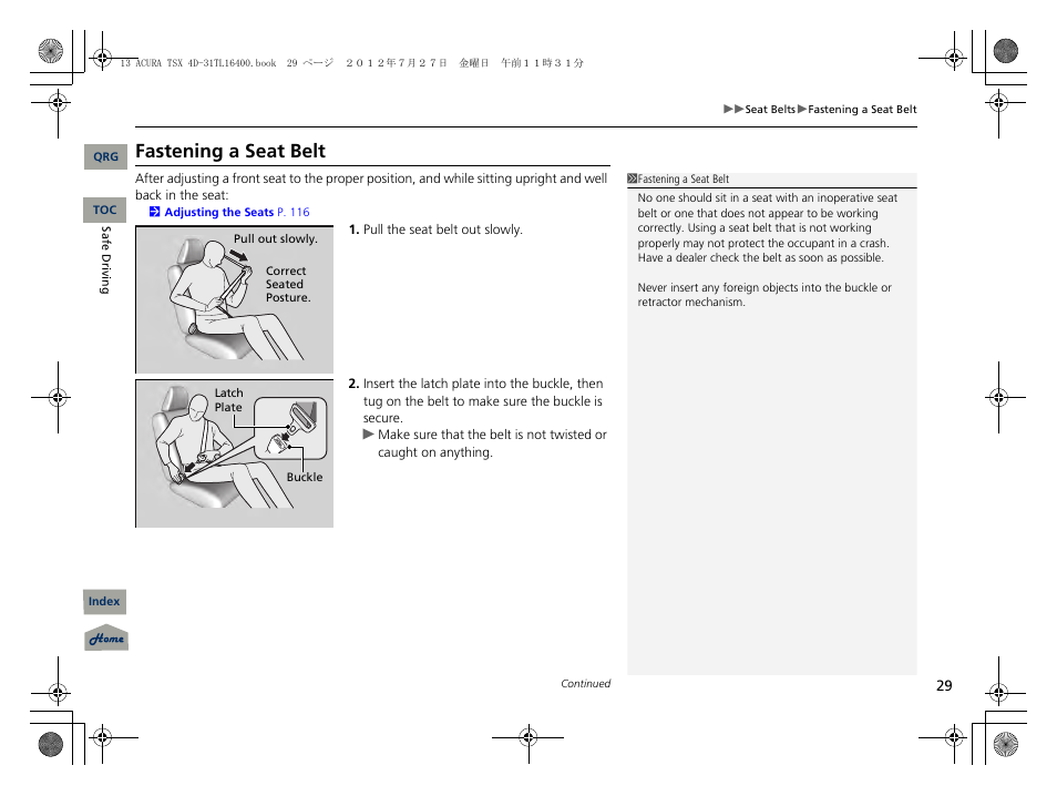 Fastening a seat belt, 2 fastening a seat belt p. 29 | Acura 2013 TSX User Manual | Page 30 / 325