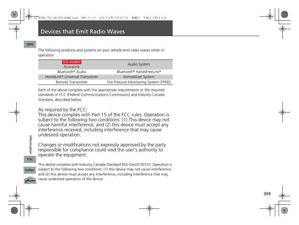 Devices that emit radio waves, S p. 309 | Acura 2013 TSX User Manual | Page 310 / 325