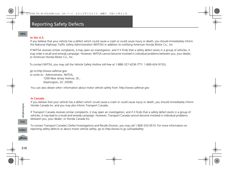 Reporting safety defects, P. 310 | Acura 2013 TSX User Manual | Page 311 / 325