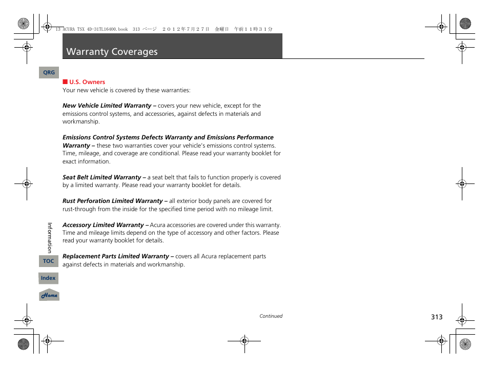 Warranty coverages, P. 313 | Acura 2013 TSX User Manual | Page 314 / 325