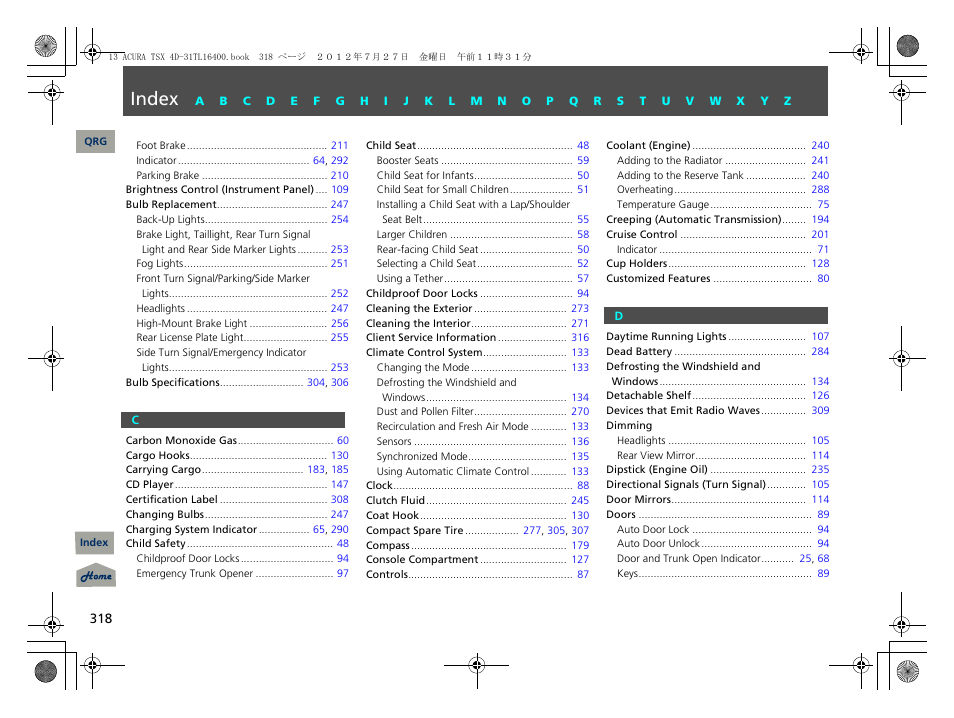 Index | Acura 2013 TSX User Manual | Page 319 / 325