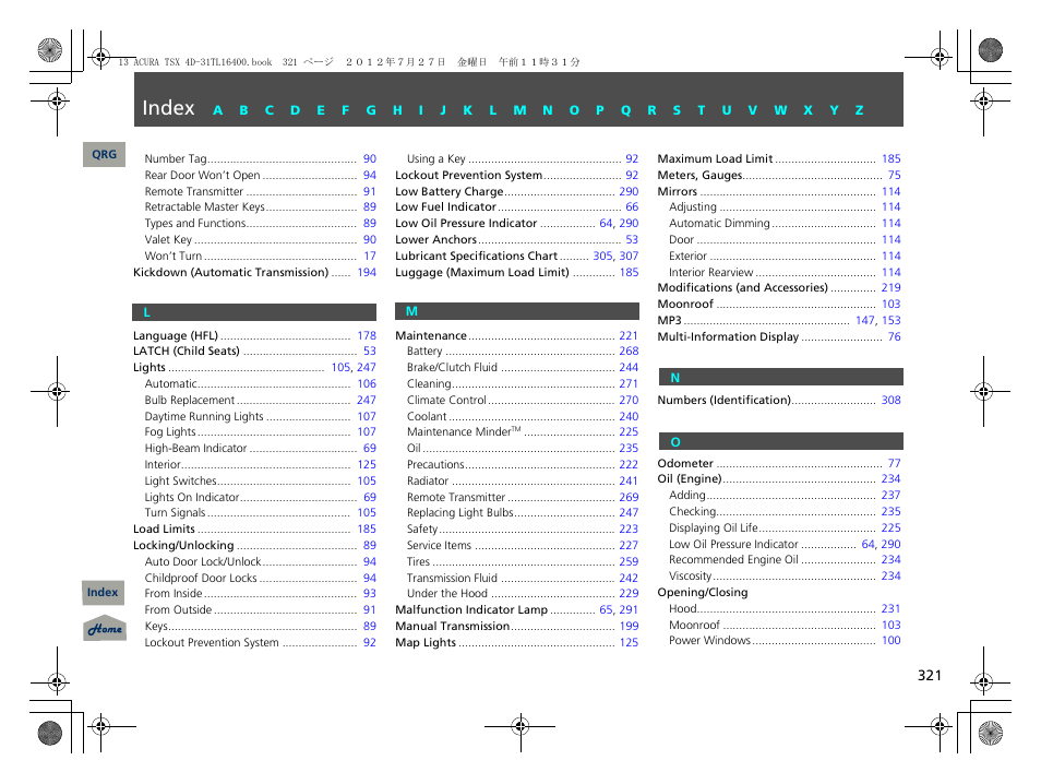 L m n o, Index | Acura 2013 TSX User Manual | Page 322 / 325