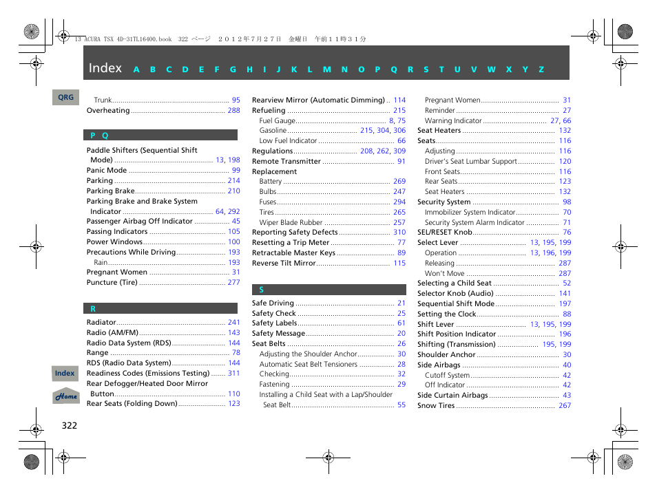 P q r s, Index | Acura 2013 TSX User Manual | Page 323 / 325