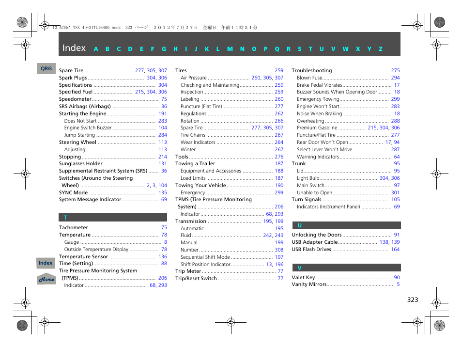 T u v, Index | Acura 2013 TSX User Manual | Page 324 / 325