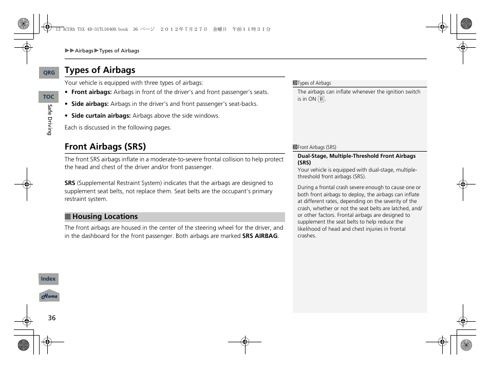 Types of airbags, Front airbags (srs), P36) | Acura 2013 TSX User Manual | Page 37 / 325