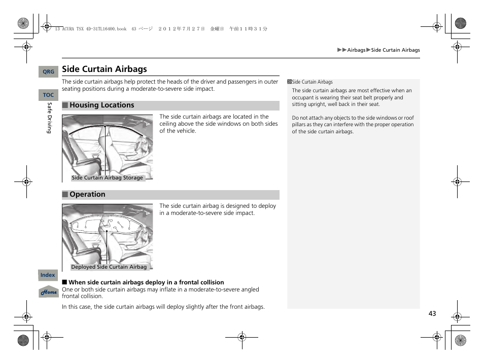 Side curtain airbags, P43) | Acura 2013 TSX User Manual | Page 44 / 325