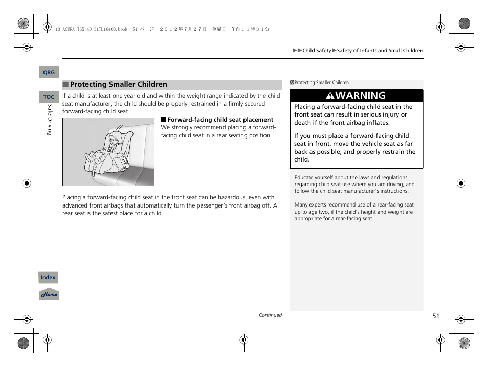 Warning | Acura 2013 TSX User Manual | Page 52 / 325