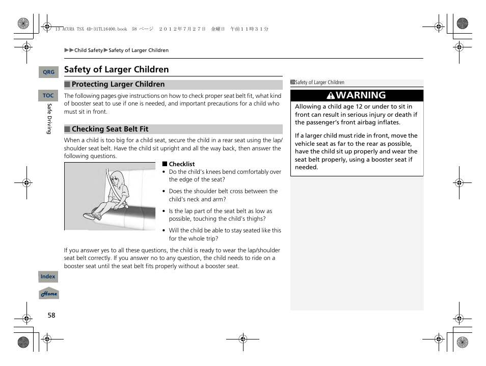 Safety of larger children, Warning | Acura 2013 TSX User Manual | Page 59 / 325