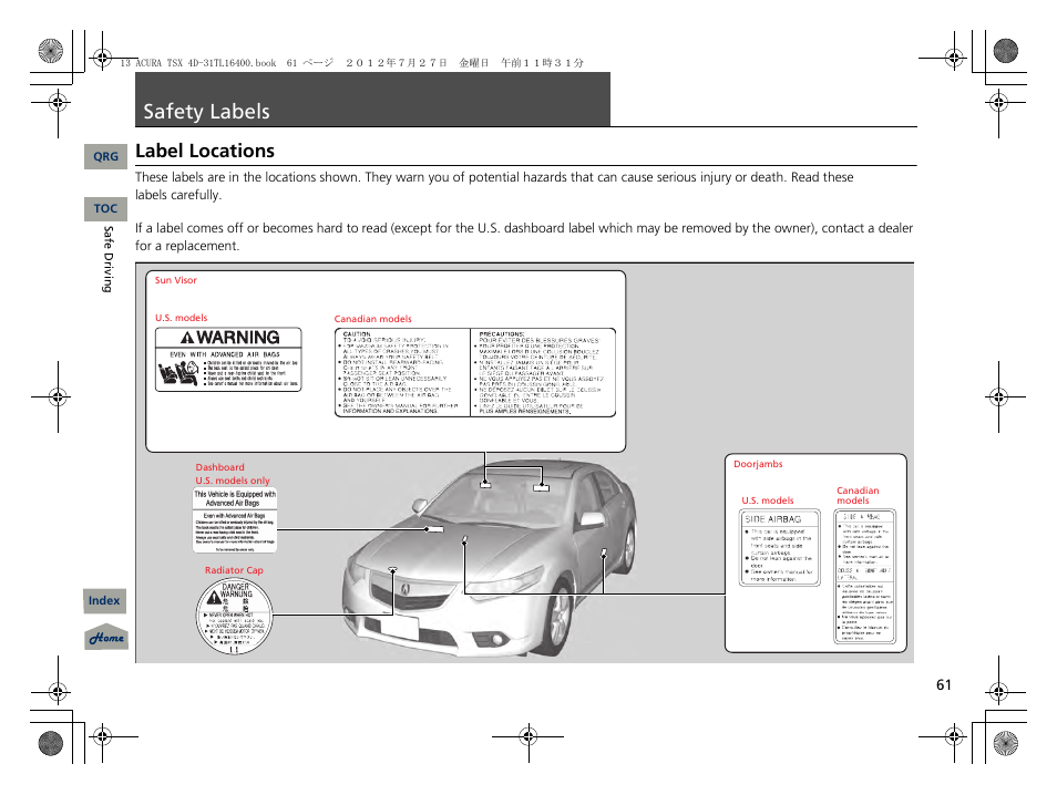 Safety labels, Label locations, P. 61 | Acura 2013 TSX User Manual | Page 62 / 325