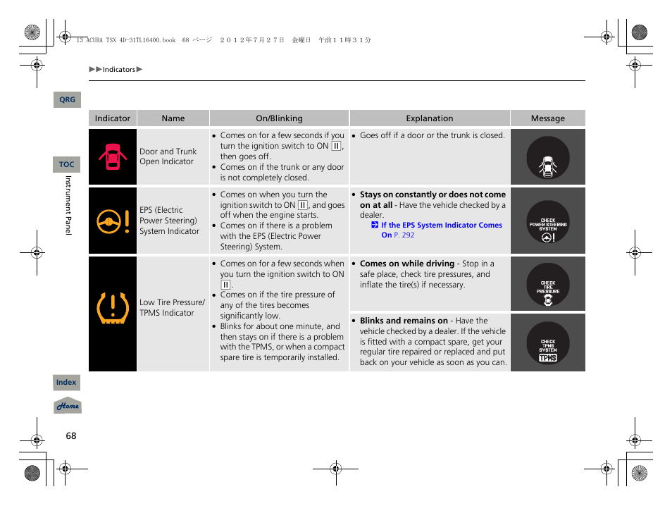 2 door and trunk open indicator p. 68 | Acura 2013 TSX User Manual | Page 69 / 325