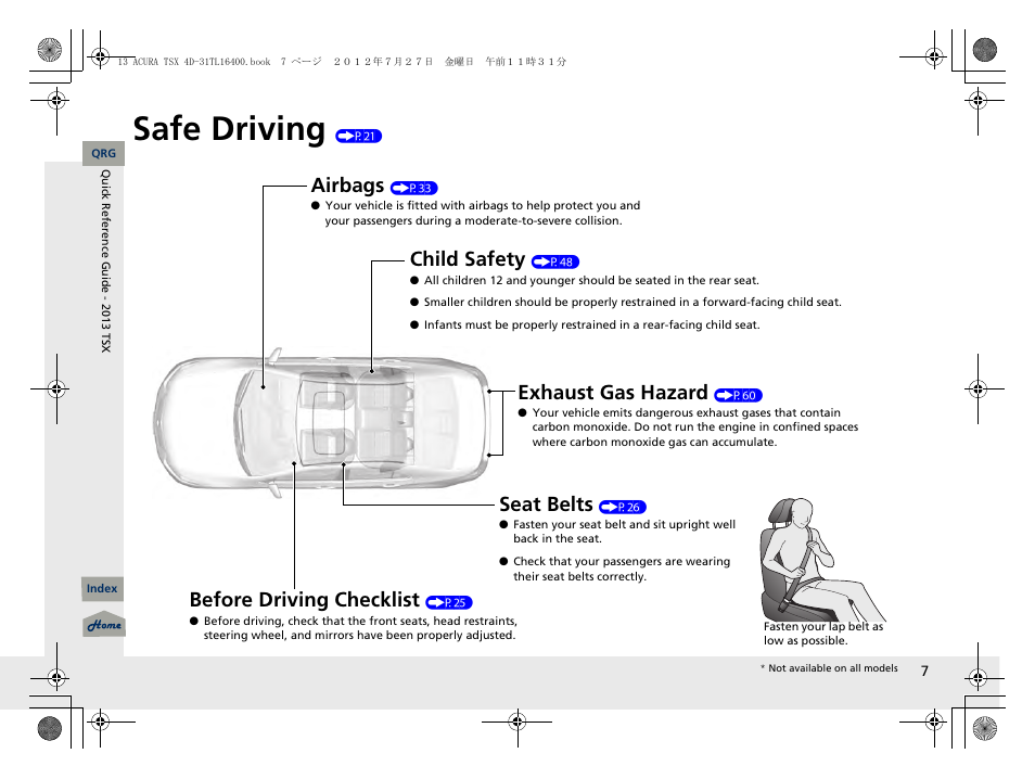 Safe driving (p21), Safe driving, Airbags | Child safety, Exhaust gas hazard, Before driving checklist, Seat belts | Acura 2013 TSX User Manual | Page 8 / 325