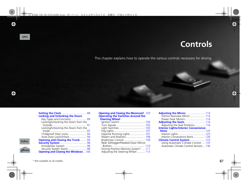 Controls, 2 controls p. 87, P. 87 | P 87) | Acura 2013 TSX User Manual | Page 88 / 325