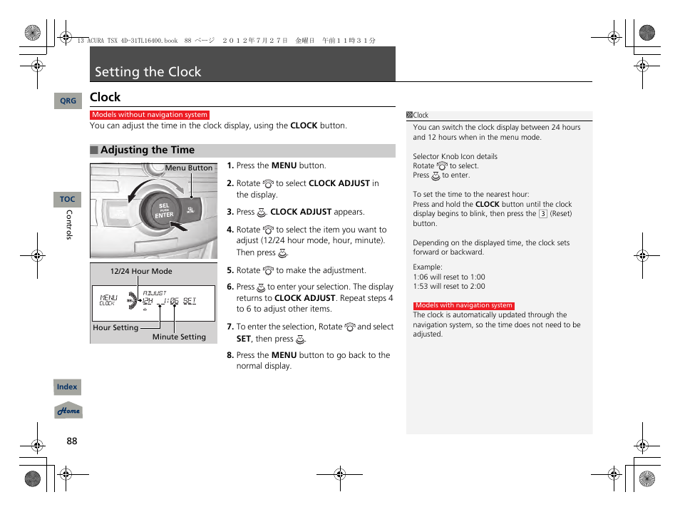 Setting the clock, Clock, P. 88 | P88) | Acura 2013 TSX User Manual | Page 89 / 325