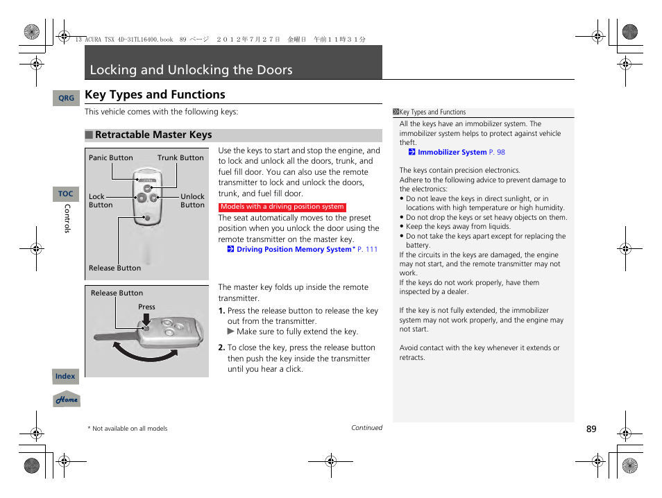 Locking and unlocking the doors, Key types and functions, P. 89 | Acura 2013 TSX User Manual | Page 90 / 325