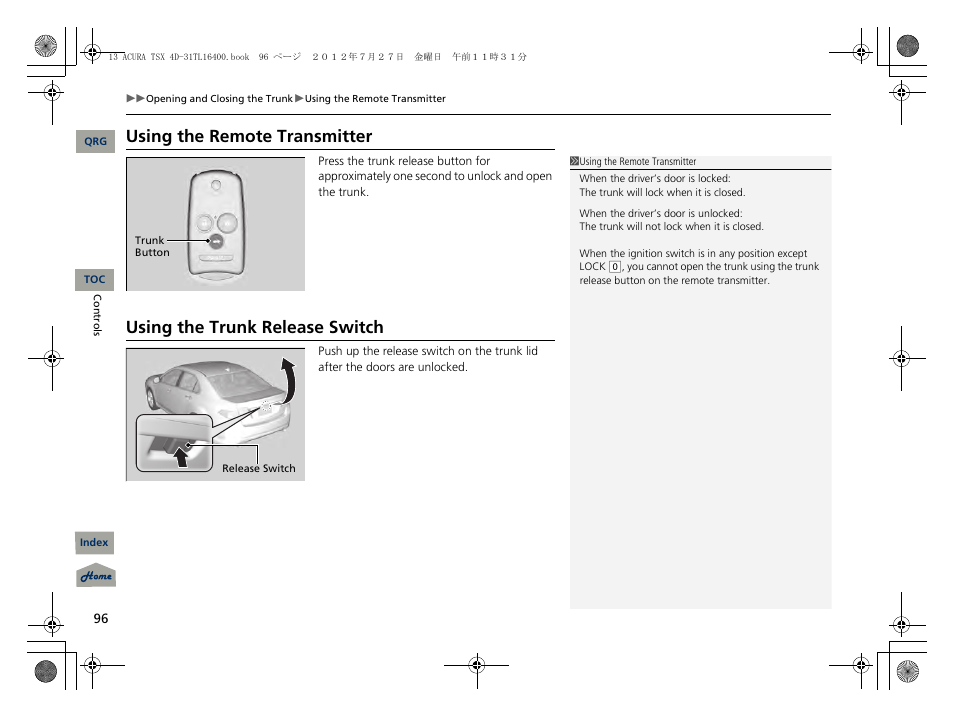 Using the remote transmitter, Using the trunk release switch, P96) | Acura 2013 TSX User Manual | Page 97 / 325