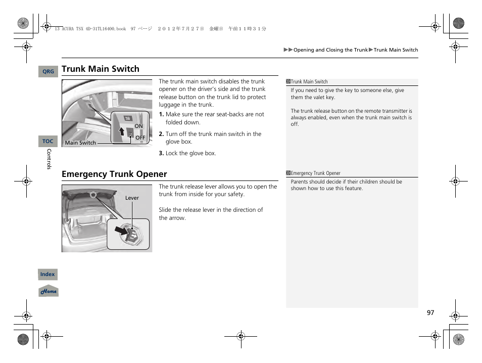 Trunk main switch, Emergency trunk opener, P97) | Acura 2013 TSX User Manual | Page 98 / 325