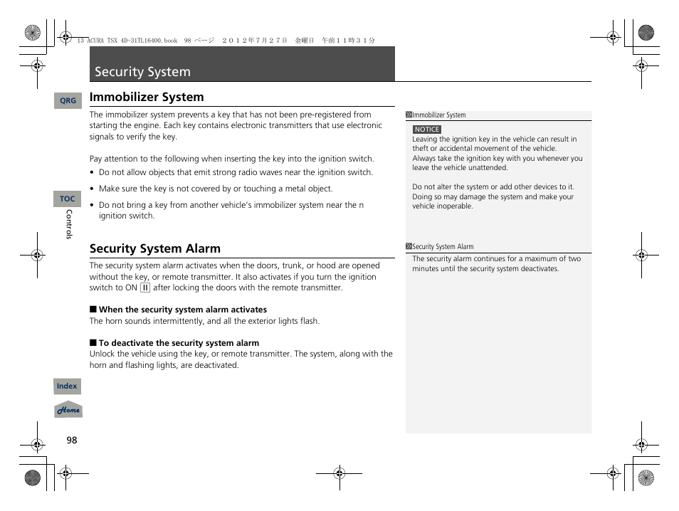 Security system, Immobilizer system, Security system alarm | P. 98, 2 immobilizer system p. 98 | Acura 2013 TSX User Manual | Page 99 / 325