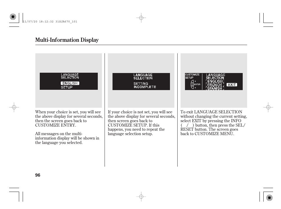 Multi-information display | Acura 2012 RL User Manual | Page 102 / 562