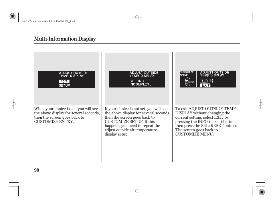 Multi-information display | Acura 2012 RL User Manual | Page 104 / 562