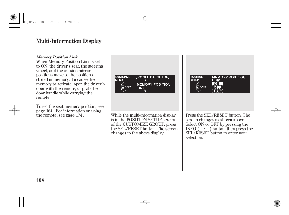 Multi-information display | Acura 2012 RL User Manual | Page 110 / 562