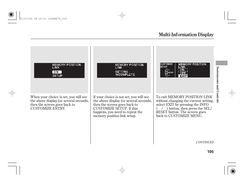 Multi-information display | Acura 2012 RL User Manual | Page 111 / 562