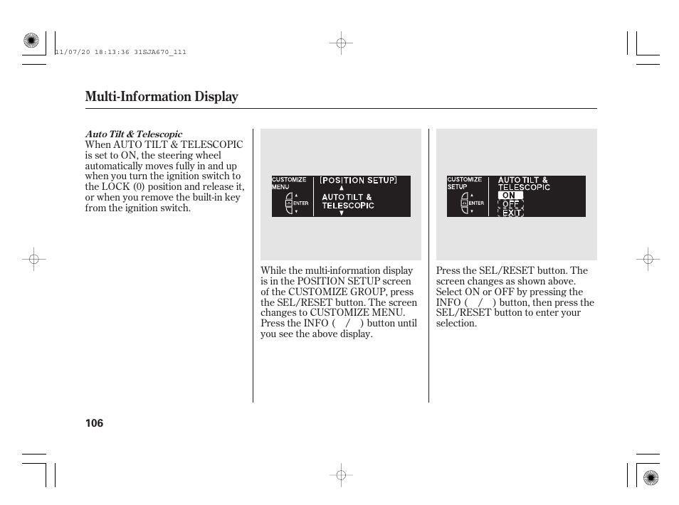 Multi-information display | Acura 2012 RL User Manual | Page 112 / 562
