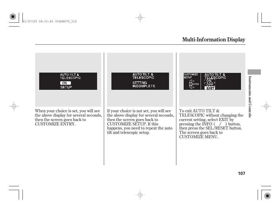 Multi-information display | Acura 2012 RL User Manual | Page 113 / 562