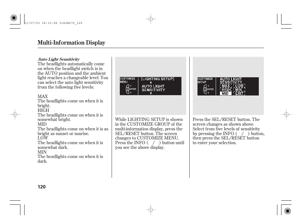 Multi-information display | Acura 2012 RL User Manual | Page 126 / 562