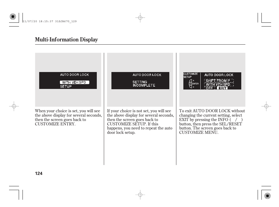 Multi-information display | Acura 2012 RL User Manual | Page 130 / 562