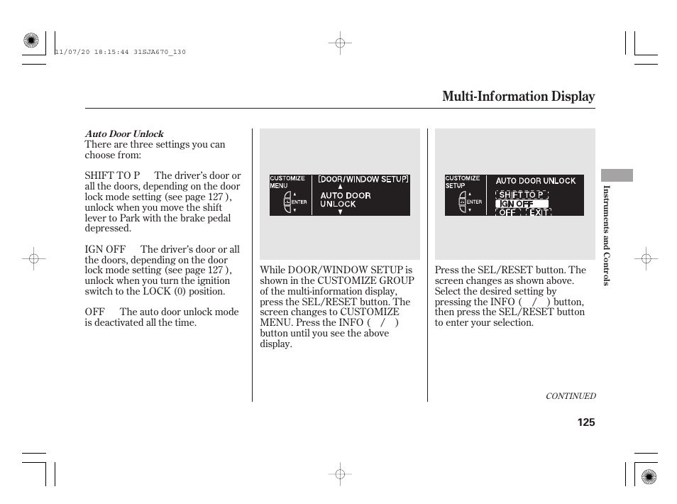 Multi-information display | Acura 2012 RL User Manual | Page 131 / 562