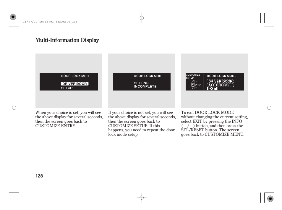 Multi-information display | Acura 2012 RL User Manual | Page 134 / 562