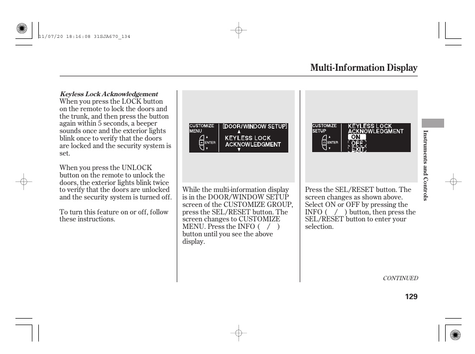 Multi-information display | Acura 2012 RL User Manual | Page 135 / 562