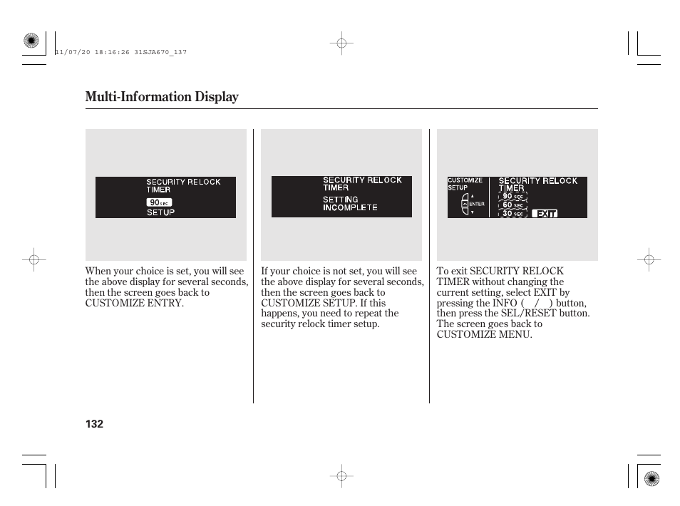 Multi-information display | Acura 2012 RL User Manual | Page 138 / 562