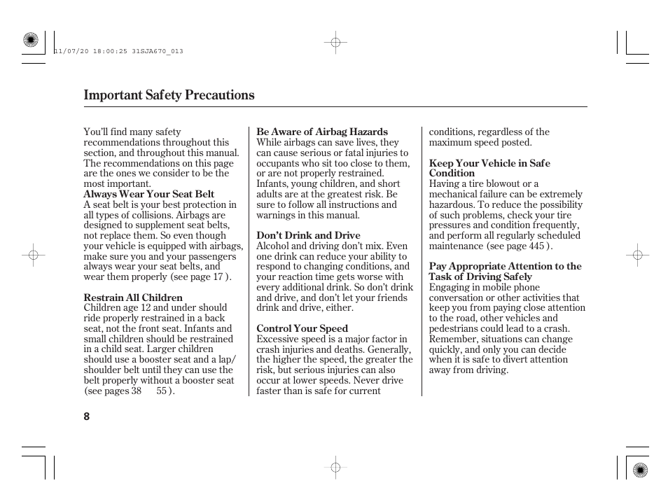 Important safety precautions | Acura 2012 RL User Manual | Page 14 / 562
