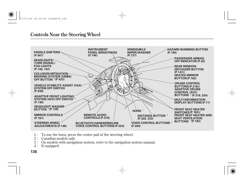 Controls near the steering wheel | Acura 2012 RL User Manual | Page 142 / 562