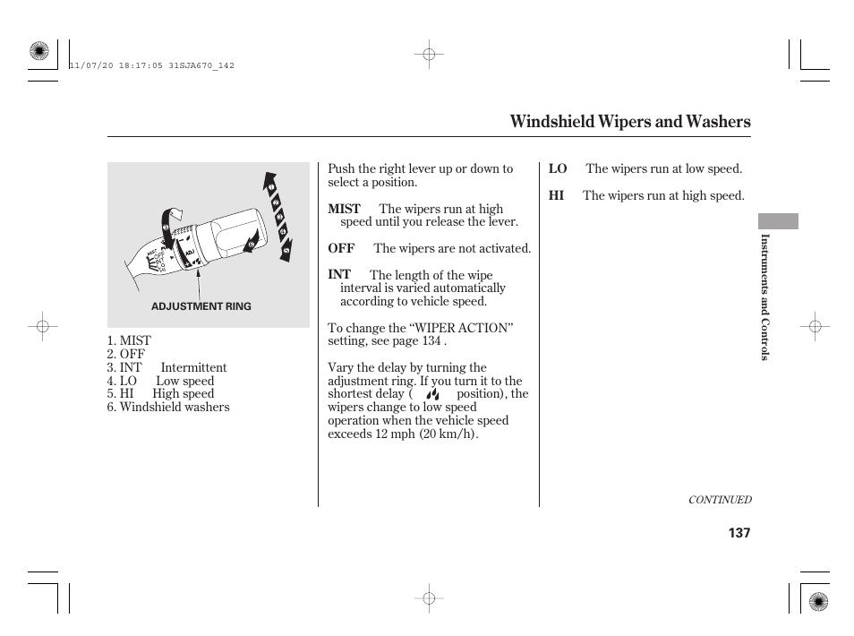 Windshield wipers and washers | Acura 2012 RL User Manual | Page 143 / 562