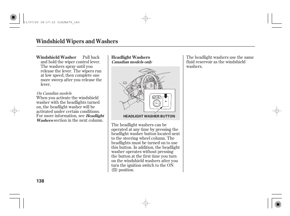 Windshield wipers and washers | Acura 2012 RL User Manual | Page 144 / 562