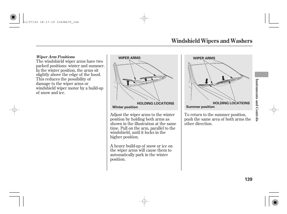 Windshield wipers and washers | Acura 2012 RL User Manual | Page 145 / 562