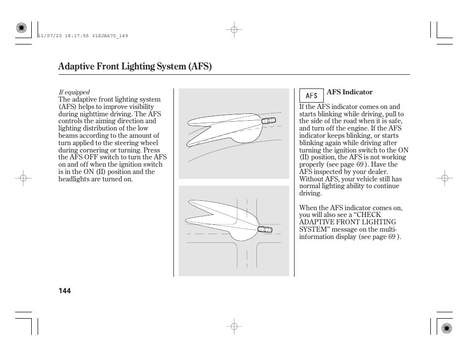 Adaptive front lighting system (afs) | Acura 2012 RL User Manual | Page 150 / 562