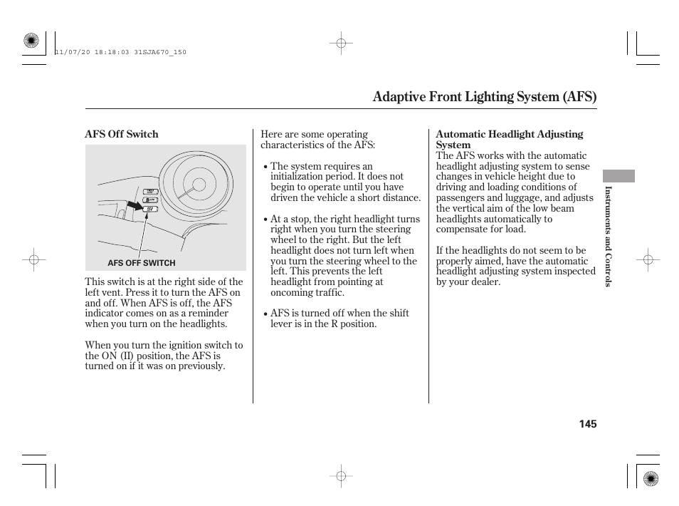 Adaptive front lighting system (afs) | Acura 2012 RL User Manual | Page 151 / 562