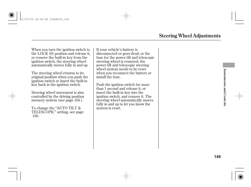 Steering wheel adjustments | Acura 2012 RL User Manual | Page 155 / 562