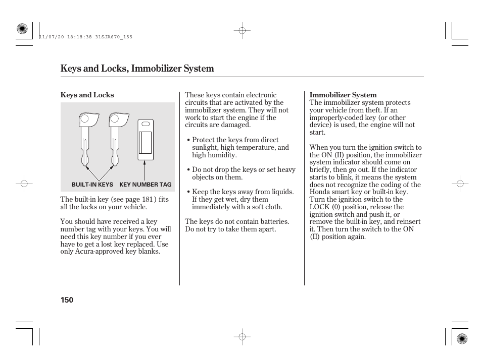 Keys and locks, immobilizer system | Acura 2012 RL User Manual | Page 156 / 562
