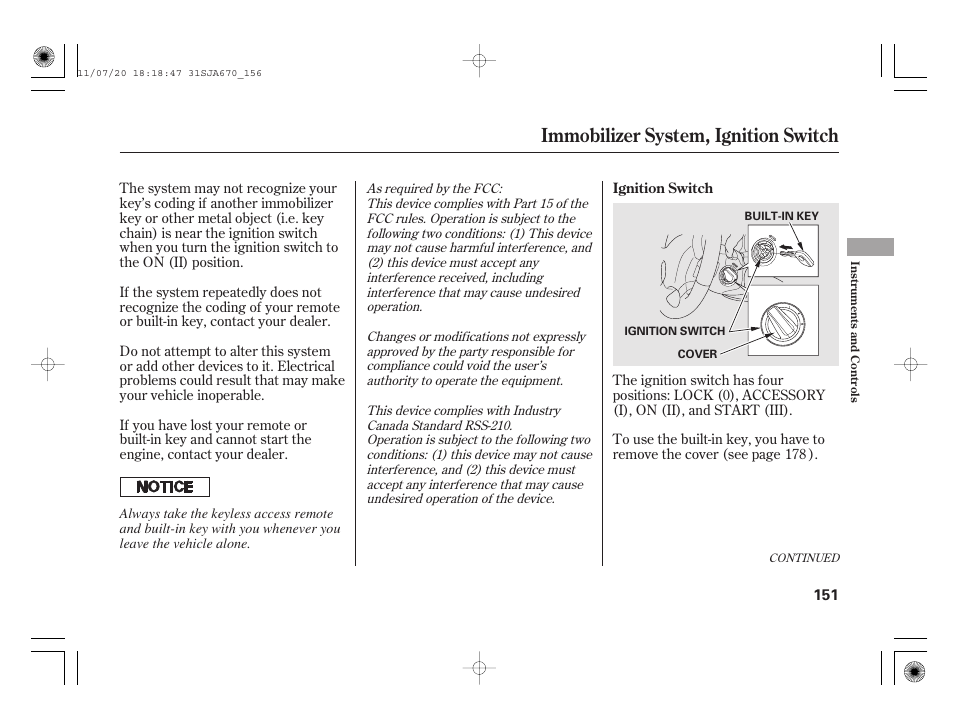 Immobilizer system, ignition switch | Acura 2012 RL User Manual | Page 157 / 562