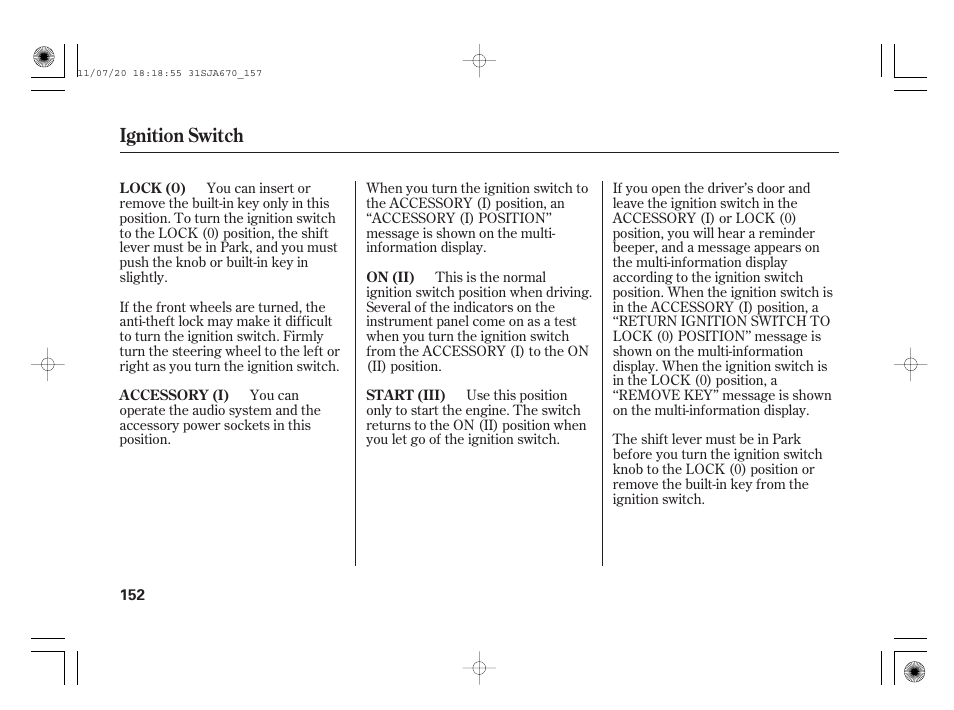 Ignition switch | Acura 2012 RL User Manual | Page 158 / 562