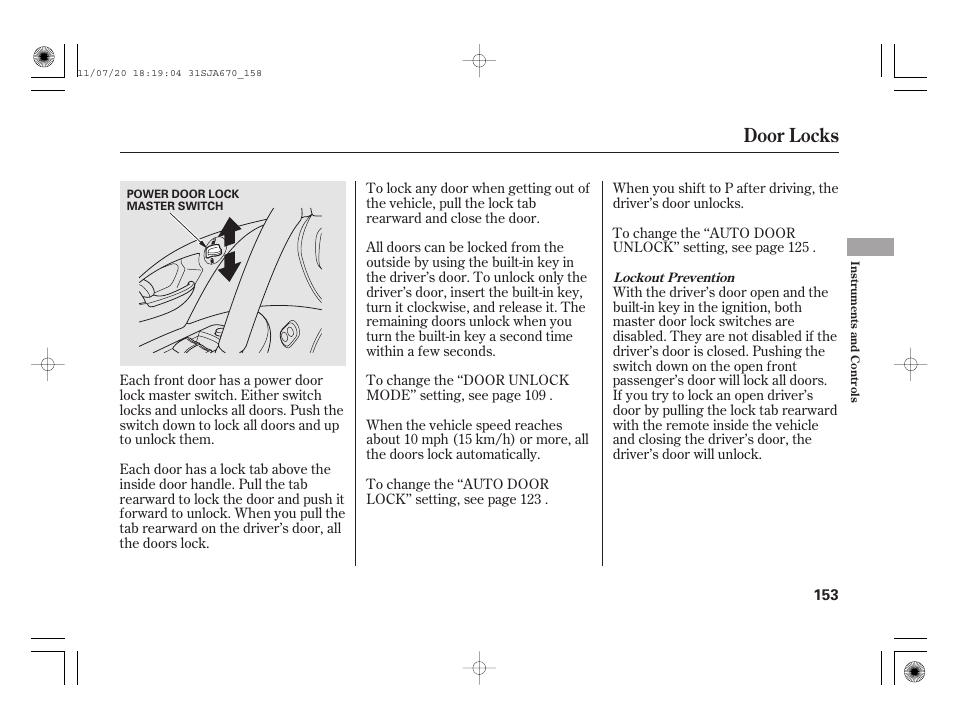 Door locks | Acura 2012 RL User Manual | Page 159 / 562