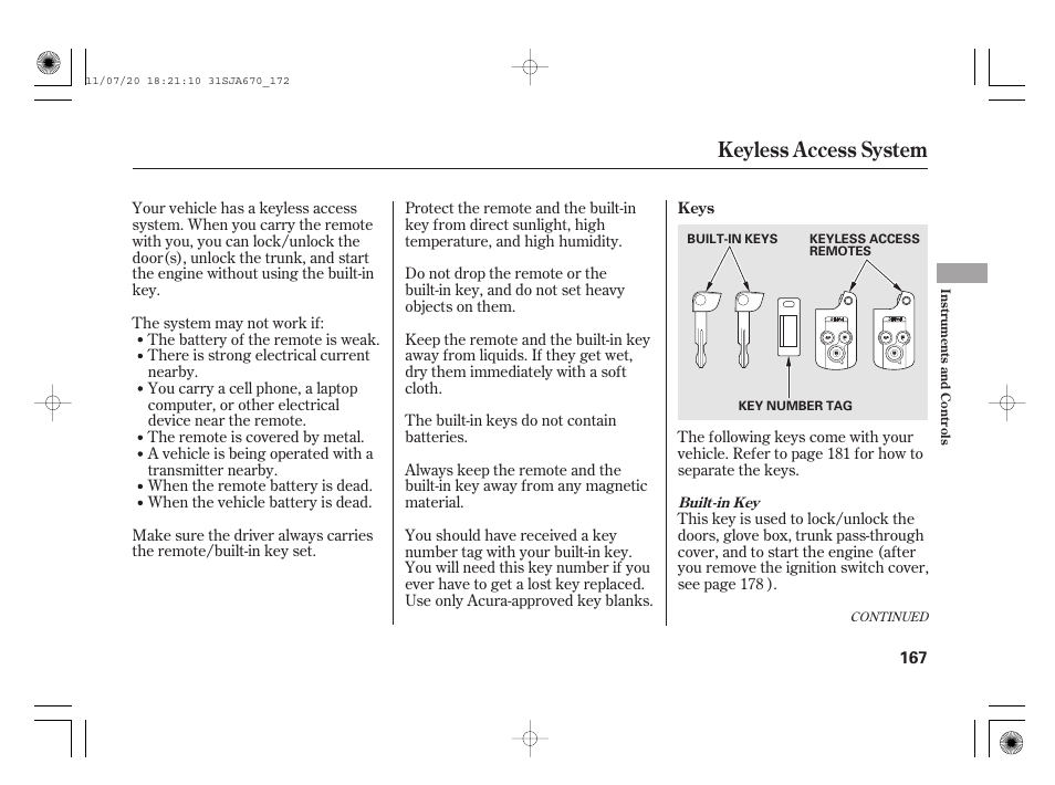 Keyless access system | Acura 2012 RL User Manual | Page 173 / 562