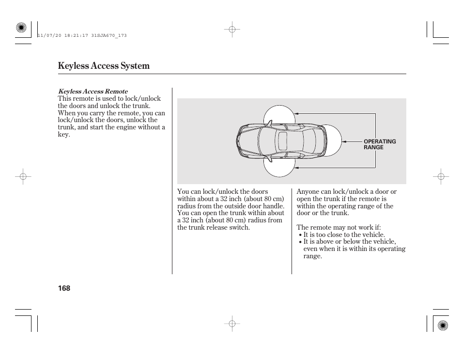 Keyless access system | Acura 2012 RL User Manual | Page 174 / 562