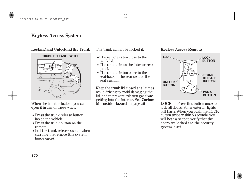 Keyless access system | Acura 2012 RL User Manual | Page 178 / 562